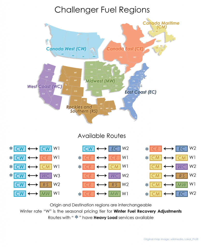 Fuel regions and available routes for Challenger